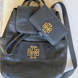 Tory Burch Black Leather Backpack with Gold Accents and Wallet